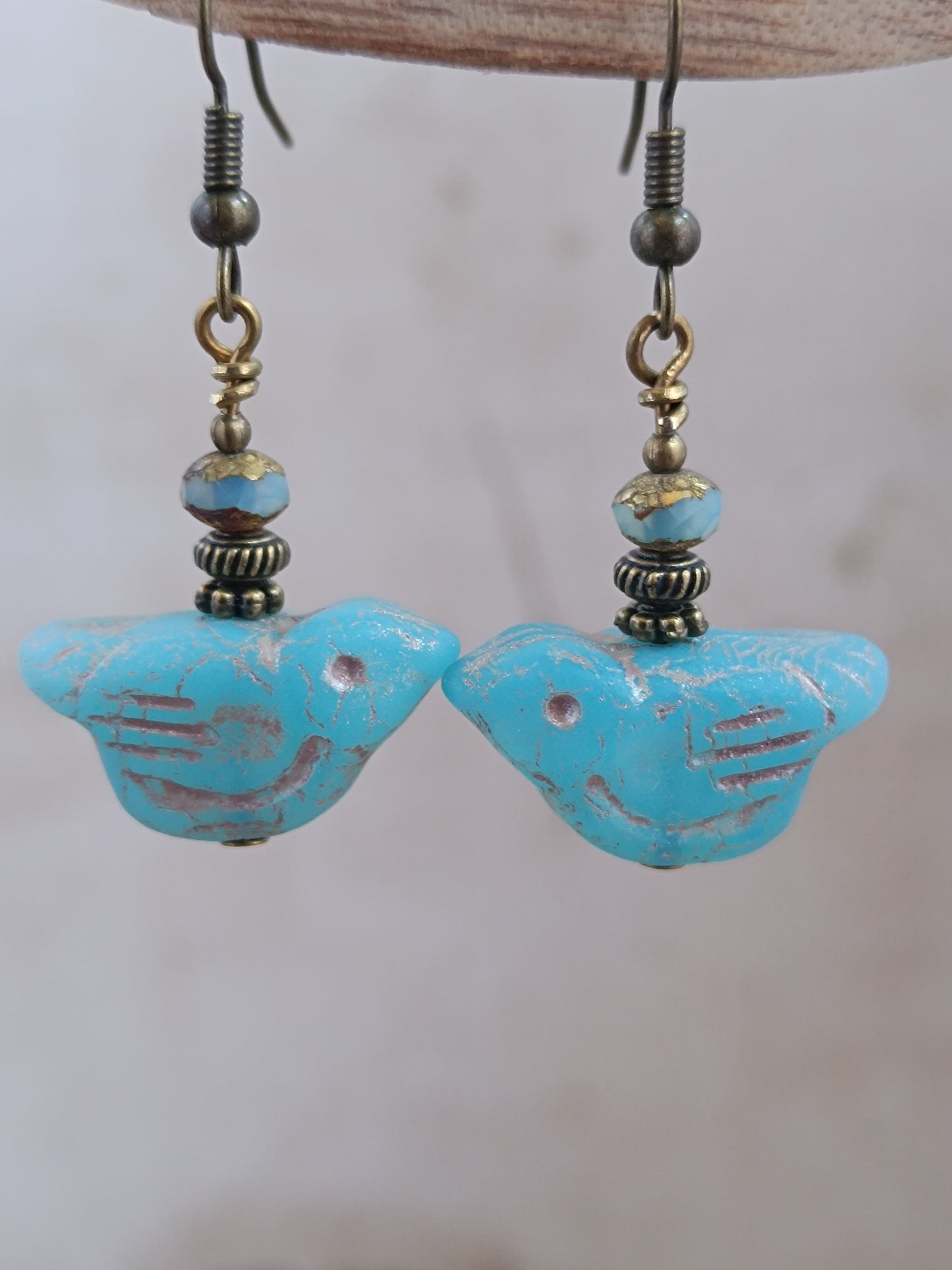 Boucles d'oreilles Oiseaux Verre Tchèque Bohème Nature Folk Bronze Antique
