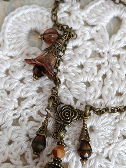 Collier Rosée Féérique  Lucite Vintage Perles Tchèque Bronze