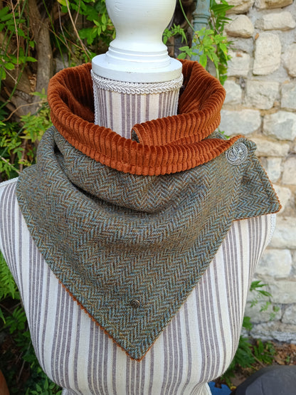 Tour de Cou Tweed Celtique Bleu Doré Velours Côtelé Marron Roux Bouton Vintage Dragon Fabrication Française