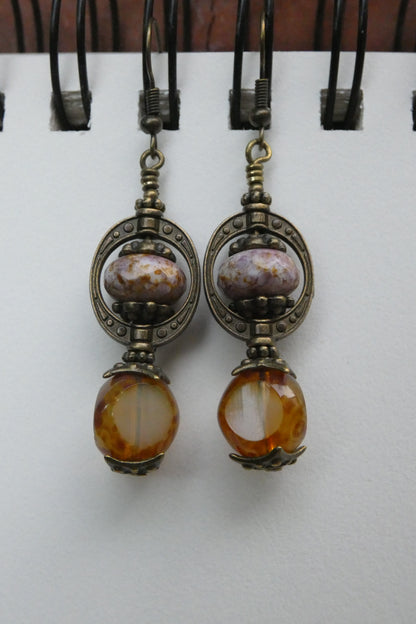 Boucles Oreilles Pendantes Bohème Néo-Victoriennes Verre Tchèque Bronze Antique