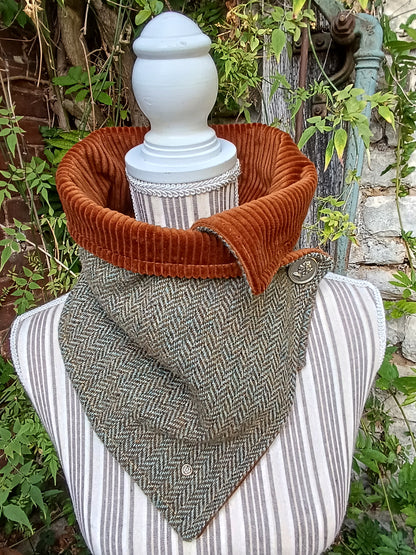 Tour de Cou Tweed Celtique Bleu Doré Velours Côtelé Marron Roux Bouton Vintage portrait de femme Fabrication Française