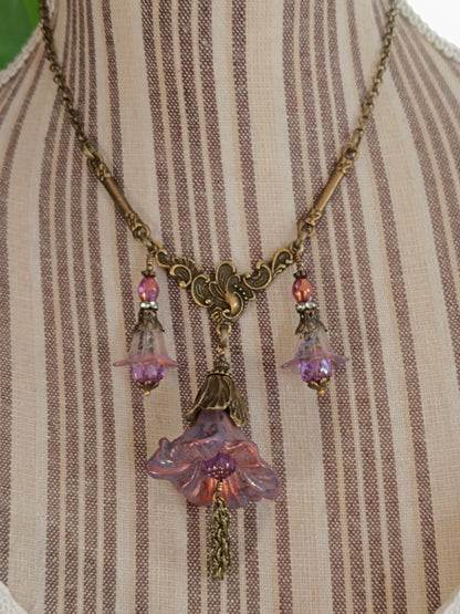 Collier Trio de Fleurs  Lucite Vintage Perles Tchèque Bronze