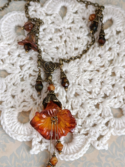 Collier Rosée Féérique  Lucite Vintage Perles Tchèque Bronze