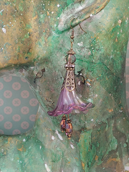 Boucles d'Oreilles Pendantes Féeriques Vertes Violettes Voile Cuivré Perles Verre Tchèque XXL