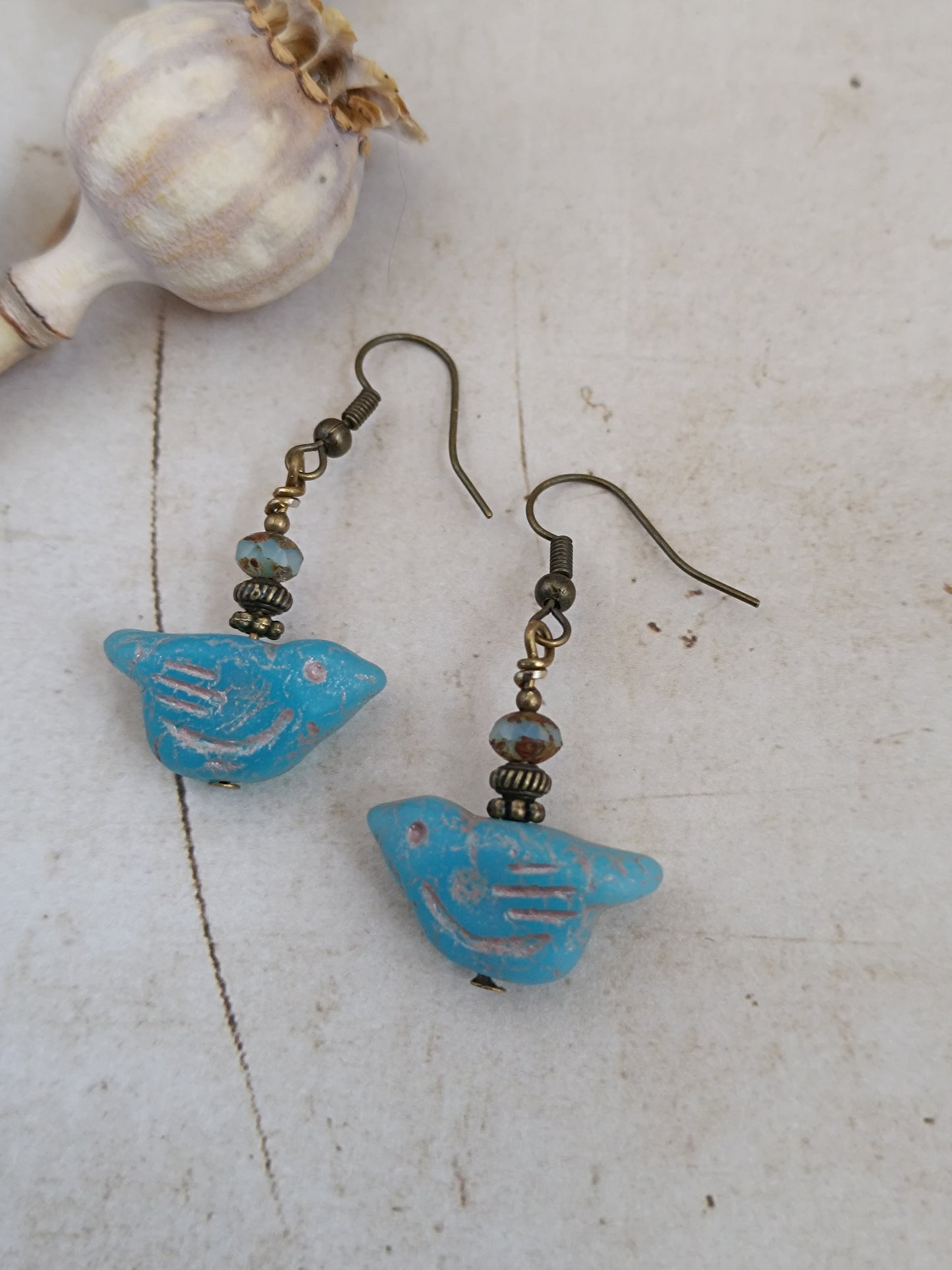 Boucles d'oreilles Oiseaux Verre Tchèque Bohème Nature Folk Bronze Antique