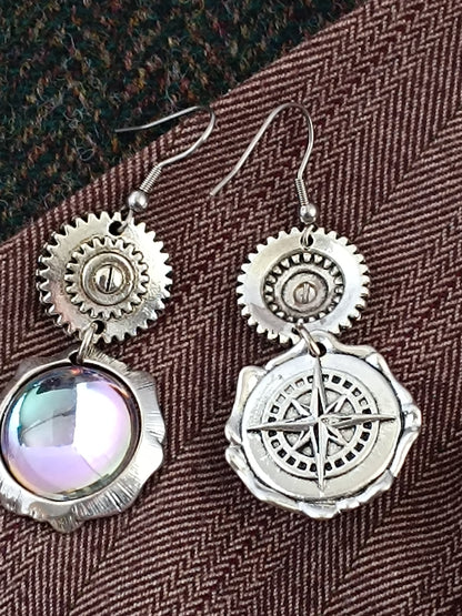 Boucles d'oreilles Steampunk miroir verre tchèque - Rose des vents argenté