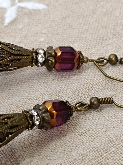 Boucles d'Oreilles Pendantes Féeriques Vertes et Violettes Fleurs Acrylique Perles Verre Tchèque XXL
