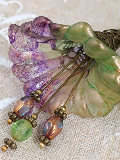 Boucles d'Oreilles Pendantes Féeriques Vertes et Violettes Fleurs Acrylique Perles Verre Tchèque XXL