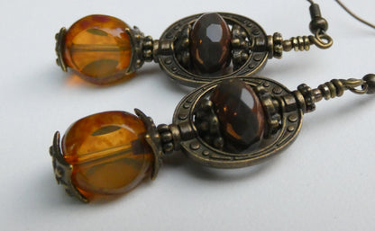 Boucles Oreilles Pendantes Dark Academia Verre Tchèque Bronze Antique
