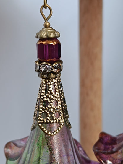 Boucles d'Oreilles Pendantes Féeriques Vertes Violet Profond Perles Verre Tchèque XXL
