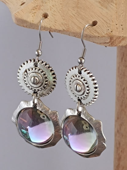 Boucles d'oreilles Steampunk miroir verre tchèque - Rose des vents argenté