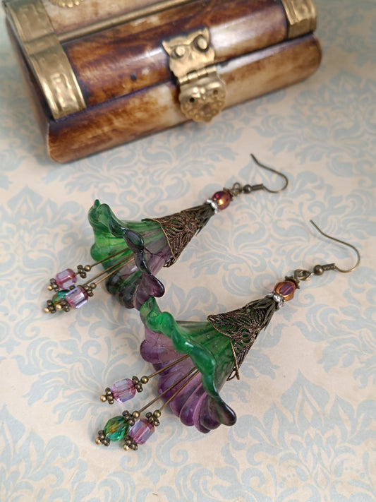 Boucles d'oreilles grandes fleurs féeriques forêt enchantée