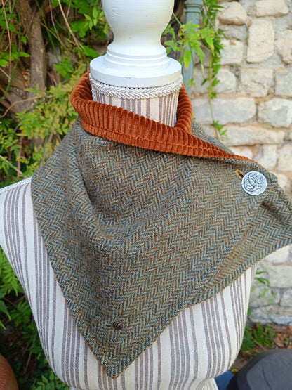 Tour de Cou Tweed Celtique Bleu Doré Velours Côtelé Marron Roux Bouton Vintage Dragon Fabrication Française