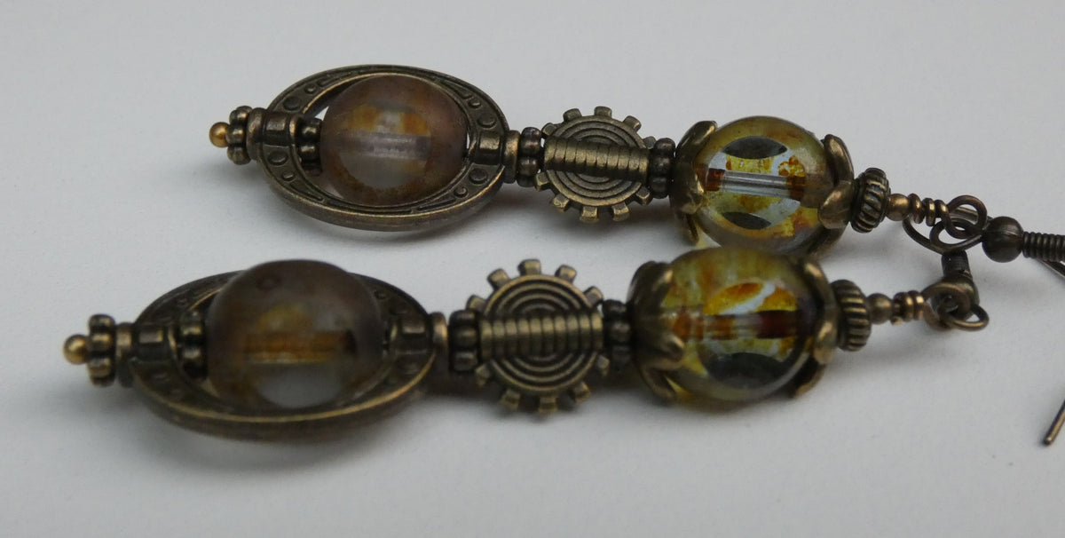 Boucles Oreilles Steampunk Néo-Victoriennes Verre Tchèque Bronze Antique