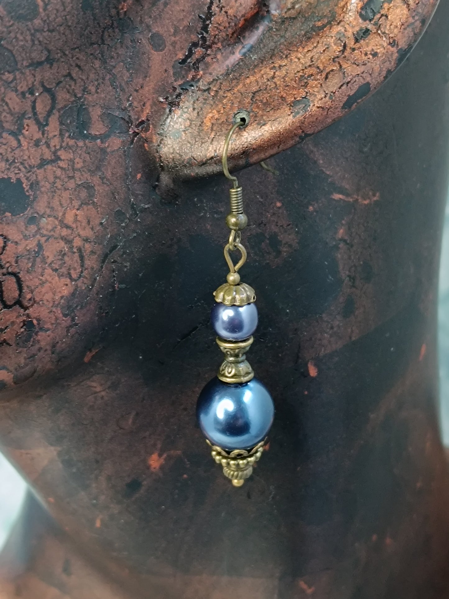 Boucles d'Oreilles Perles Rondes Précieuses - Verre Tchèque Nacré Bronze
