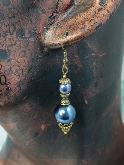 Boucles d'Oreilles Perles Rondes Précieuses - Verre Tchèque Nacré Bronze