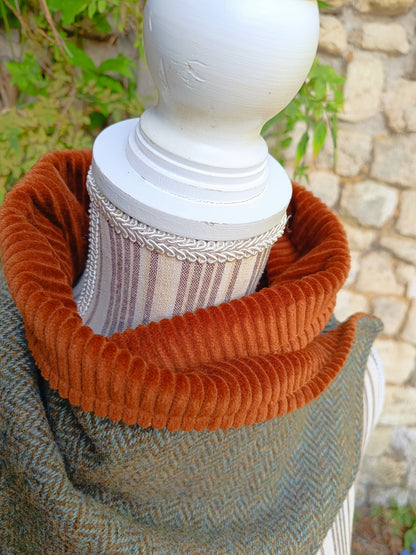 Tour de Cou Tweed Celtique Bleu Doré Velours Côtelé Marron Roux Bouton Vintage Dragon Fabrication Française