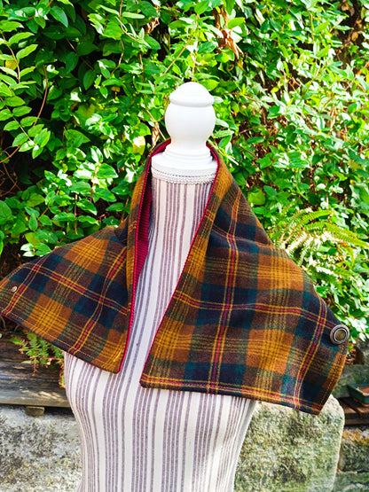 Tour de cou tartan laine bleu canard ocre marron doublé velours bordeaux et bouton vintage métal et nacre