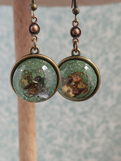 Boucles d'oreilles pendantes Steampunk rondes - Connecteur cuivre 3,5cm