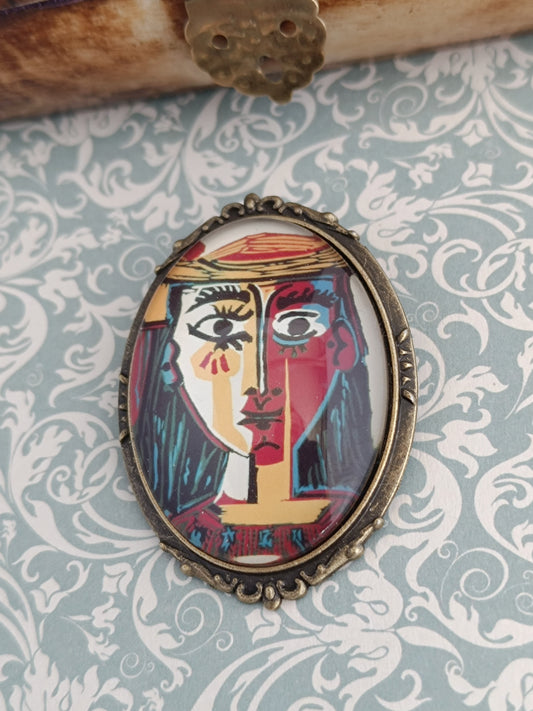 Broche cabochon verre hommage à Picasso portrait de femme
