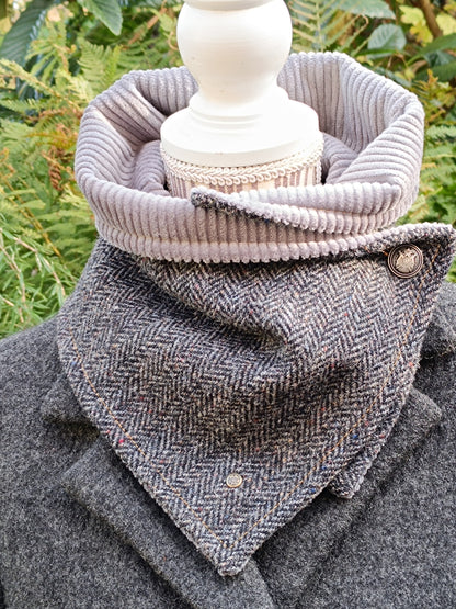 Cache col Tweed Velours - Bouton Vintage Argenté