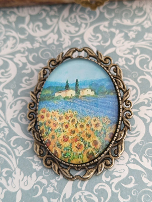Broche cabochon verre hommage à Vincent Van Gogh les tournesols
