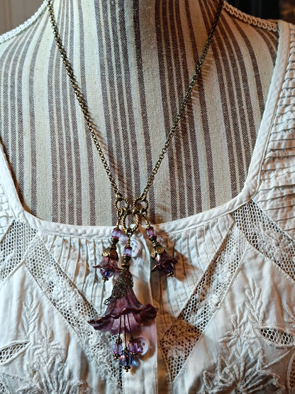 Collier Sautoir Fleurs Féeriques Améthystes - Lucite Peinte Main Bronze Antique