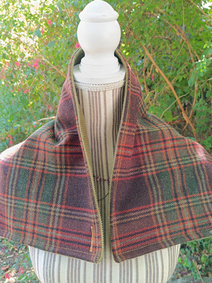 Tour de cou tartan écossais doublé velours côtelé bouton vintage métal nacre