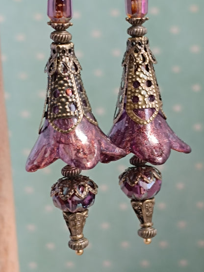 Boucles d'oreilles longues automne - Lucite vernies main reflets minéraux bronze