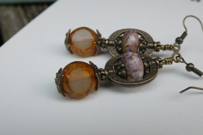 Boucles Oreilles Pendantes Bohème Néo-Victoriennes Verre Tchèque Bronze Antique