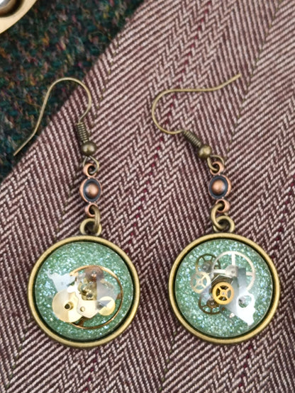 Boucles d'oreilles pendantes Steampunk rondes - Connecteur cuivre 3,5cm
