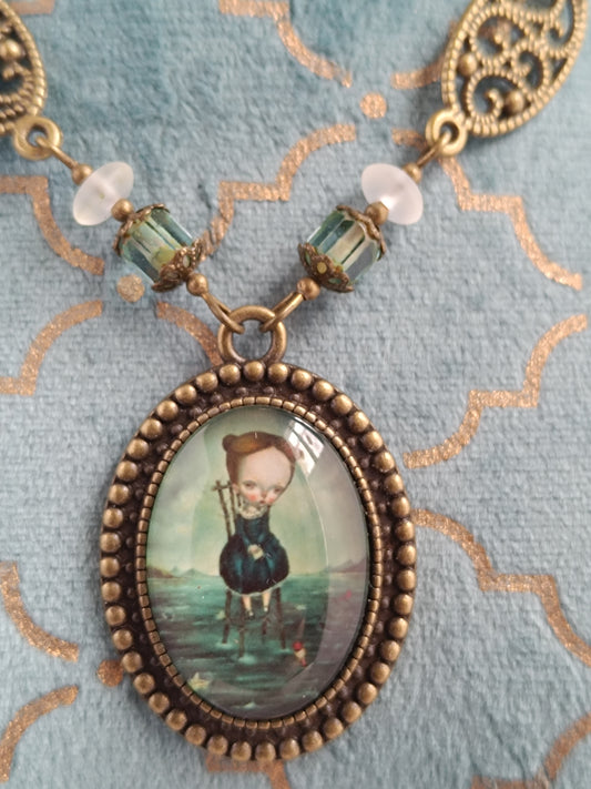 Collier Fille à la Mer - Cabochon Verre Vintage