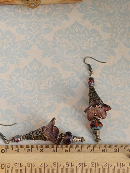 Boucles d'oreilles féeriques automne - Fleurs lucite orange brûlé ambre cuivre bronze