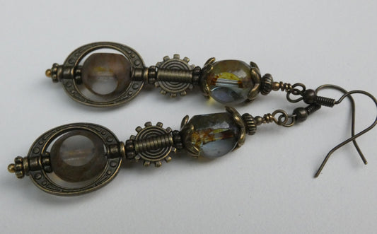 Boucles Oreilles Steampunk Néo-Victoriennes Verre Tchèque Bronze Antique