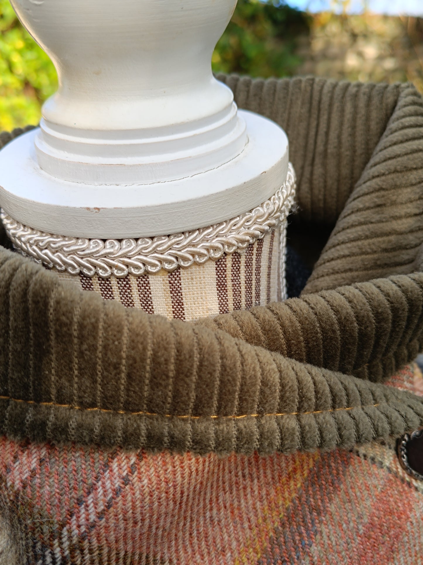 Cache Cou Tartan Velours Kaki - Bouton Nacre Vintage