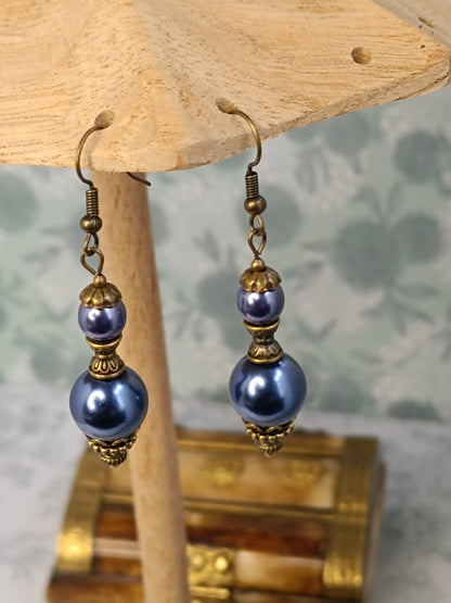 Boucles d'Oreilles Perles Rondes Précieuses - Verre Tchèque Nacré Bronze