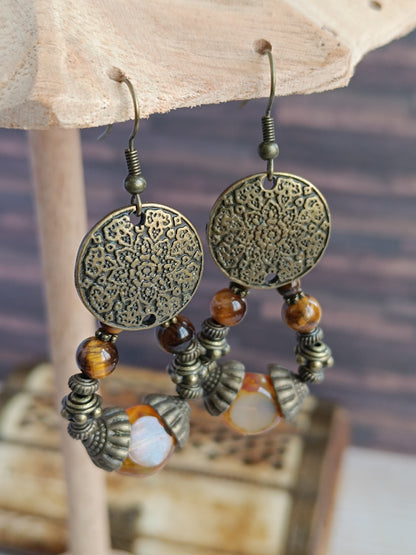 Boucles d’oreilles bohème chic en bronze antique et perles de verre tchèque fait main