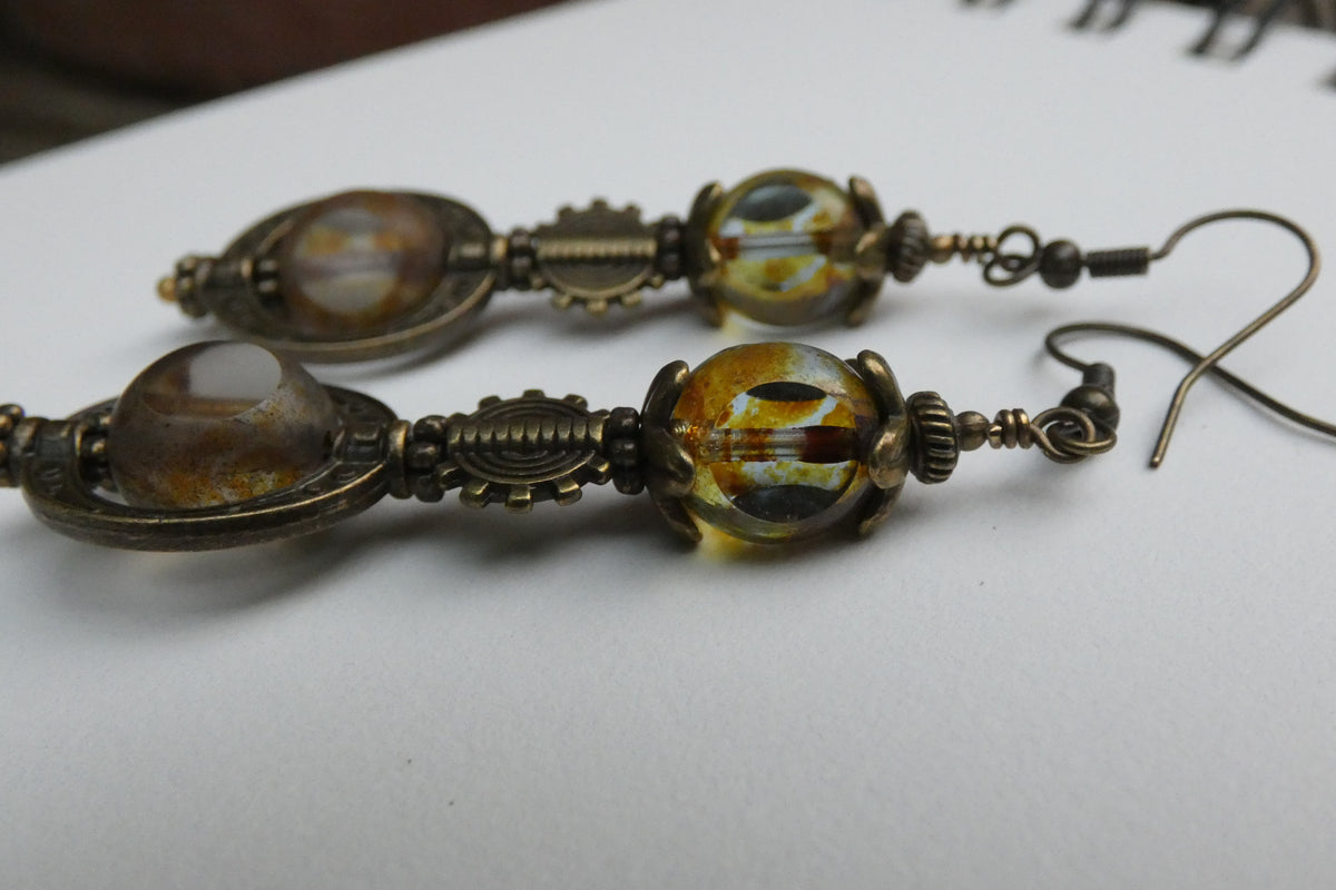 Boucles Oreilles Steampunk Néo-Victoriennes Verre Tchèque Bronze Antique