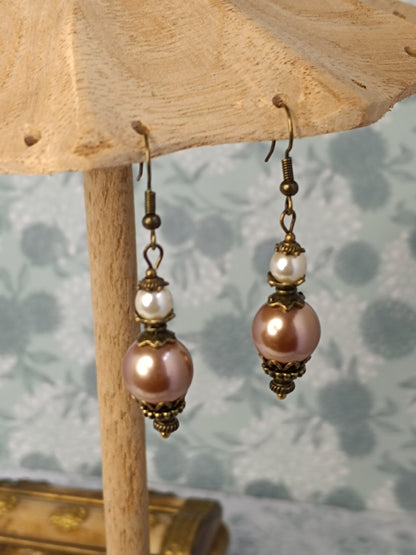 Boucles d'Oreilles Perles Rondes Précieuses - Verre Tchèque Nacré Bronze