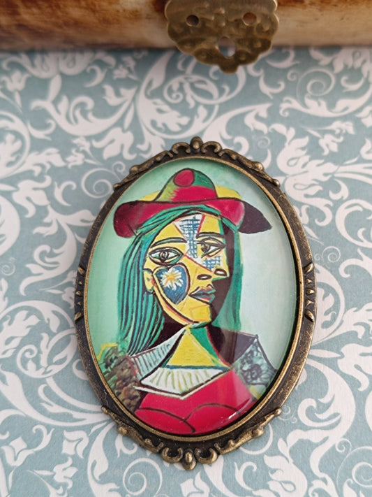 Broche Picasso Portrait Femme - Cabochon Cubisme Bronze