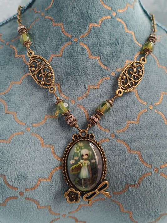 Collier Fillette et Plante Carnivore - Cabochon Unique