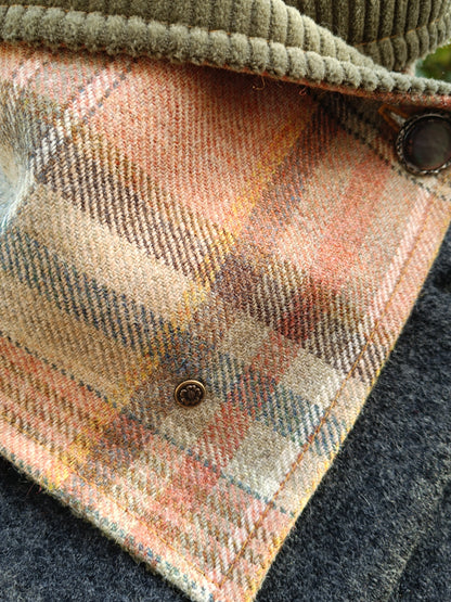 Cache Cou Tartan Velours Kaki - Bouton Nacre Vintage