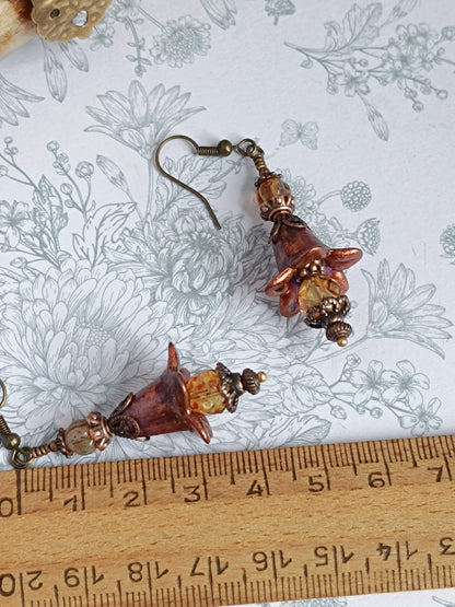 Parure Collier Boucles d'Oreilles Fleurs Féeriques Lucite Ambre Verre Tchèque Bronze Antique