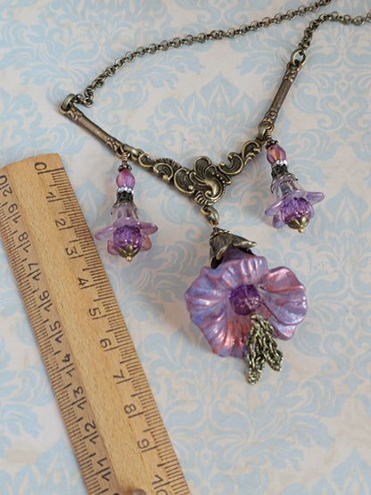 Collier Trio de Fleurs  Lucite Vintage Perles Tchèque Bronze