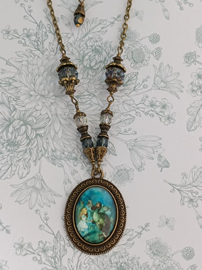 Collier Cabochon Alice et le Dodo - Bronze Antique Perles de Verre Tchèque