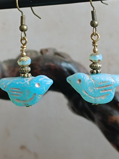 Boucles d'oreilles Oiseaux Verre Tchèque Bohème Nature Folk Bronze Antique