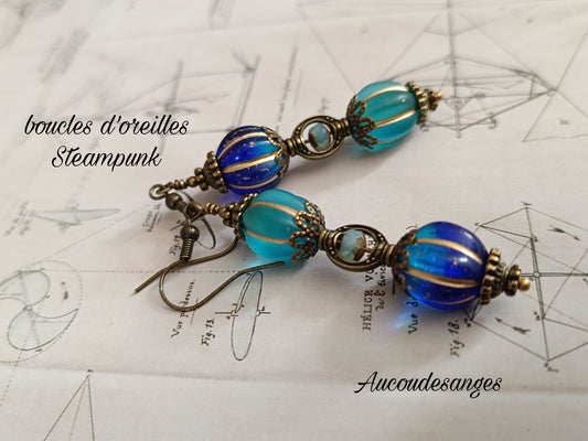 Boucles d'oreilles Sablier Ancien Artefact Steampunk Instrument d'Alchimie en Verre Tchèque