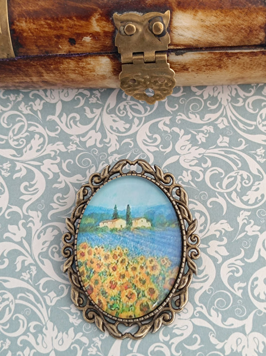 Broche cabochon verre hommage à Vincent Van Gogh les tournesols