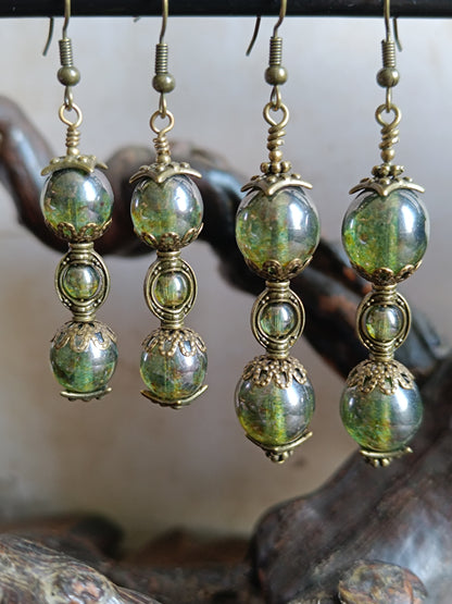 Boucles d'Oreilles Pendantes Sablier Vert Steampunk Verre Tchèque Grand Modèle 5 cm