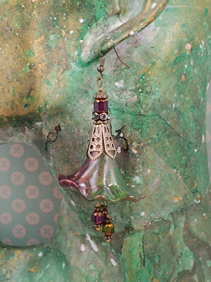 Boucles d'Oreilles Pendantes Féeriques Vertes Violet Profond Perles Verre Tchèque XXL